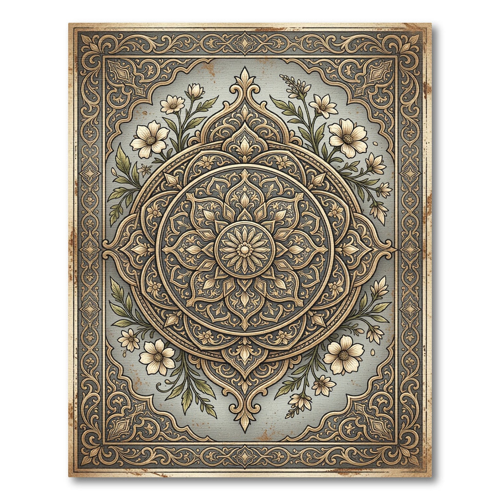 Elegant Champagne Floral Ornate Medallion Rug
