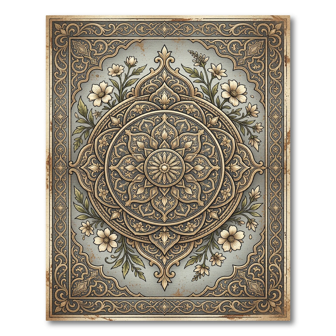 Elegant Champagne Floral Ornate Medallion Rug