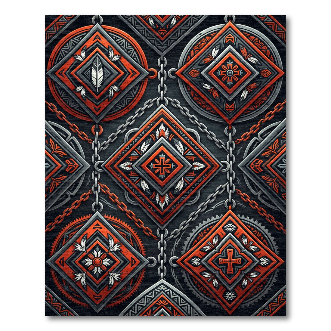 Chained Crimson Geometric Feather Diamond Rug