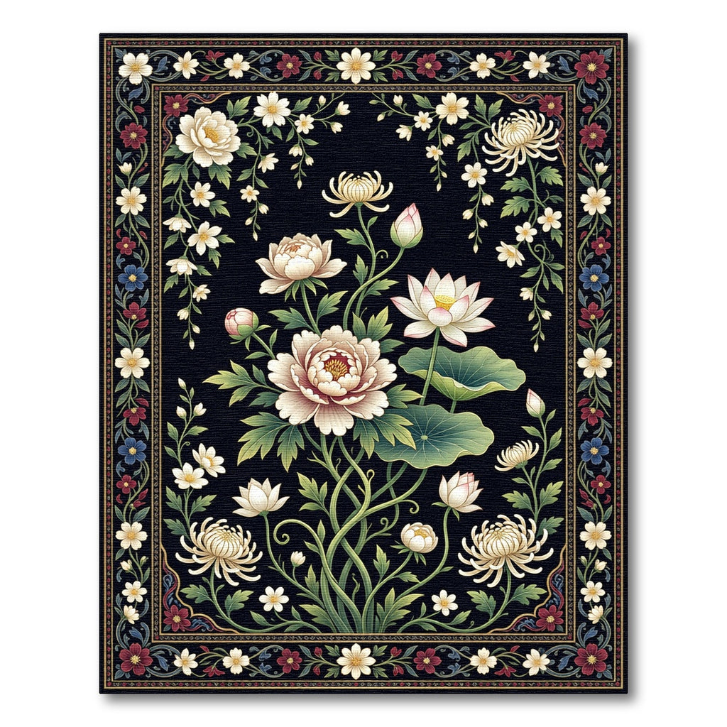 Elegant White Floral Black Botanical Art Rug