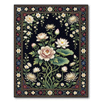 Elegant White Floral Black Botanical Art Rug