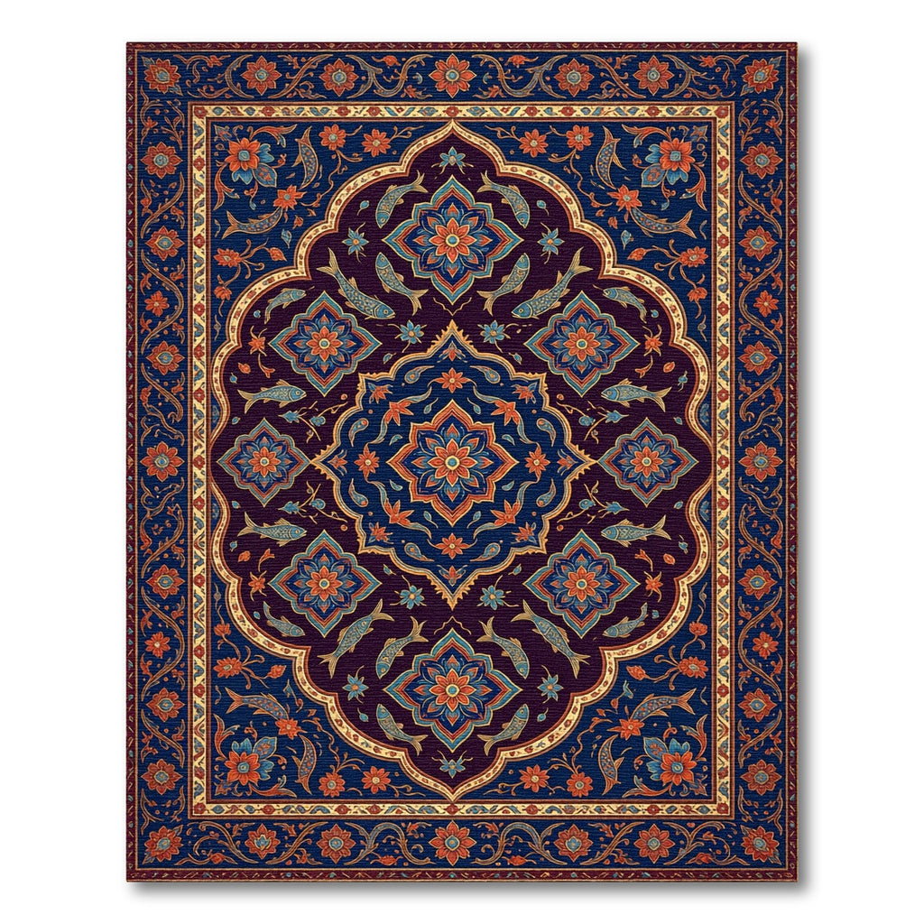 Navy Deep Blue Floral Fish Medallion Rug
