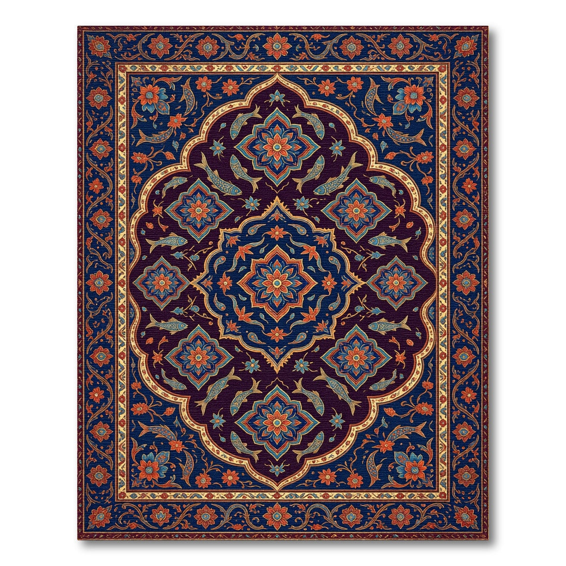 Navy Deep Blue Floral Fish Medallion Rug