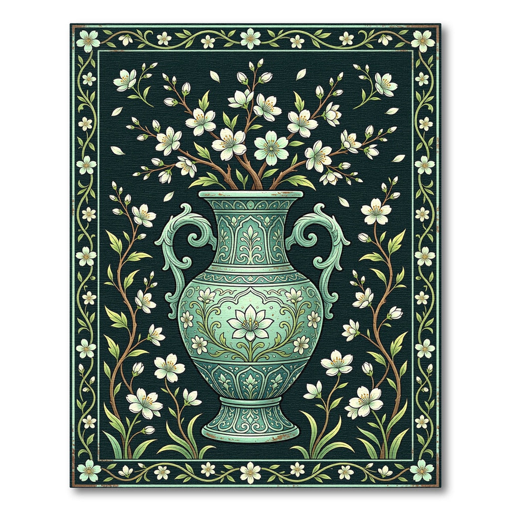 Elegant Teal Floral Vase Ceramic Art Rug