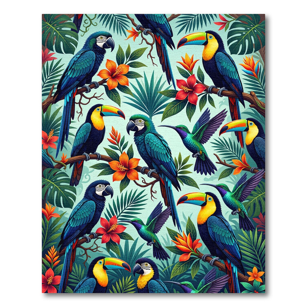 Vibrant Tropical Toucan Parrot Jungle Foliage Rug