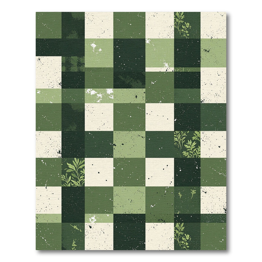 Deep Forest Green Botanical Checkerboard Rug