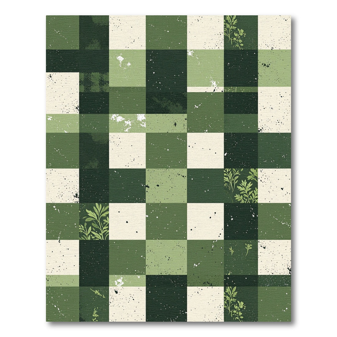 Deep Forest Green Botanical Checkerboard Rug