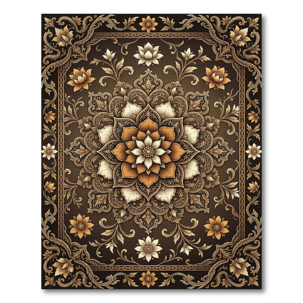 Elegant Bronze Floral Golden Medallion Rug