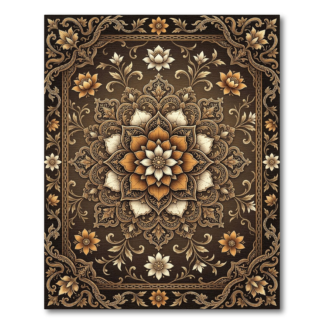 Elegant Bronze Floral Golden Medallion Rug