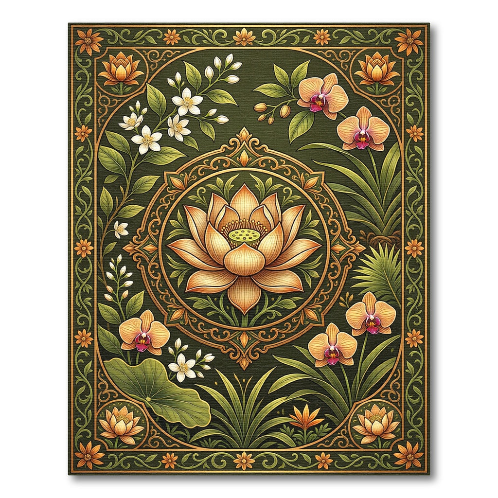 Earthy Gold Lotus Orchid Botanical Tapestry Rug