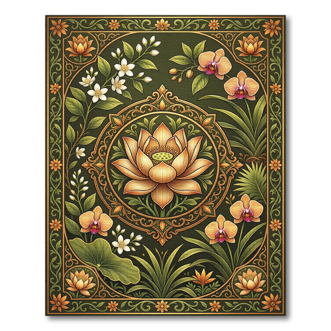 Earthy Gold Lotus Orchid Botanical Tapestry Rug