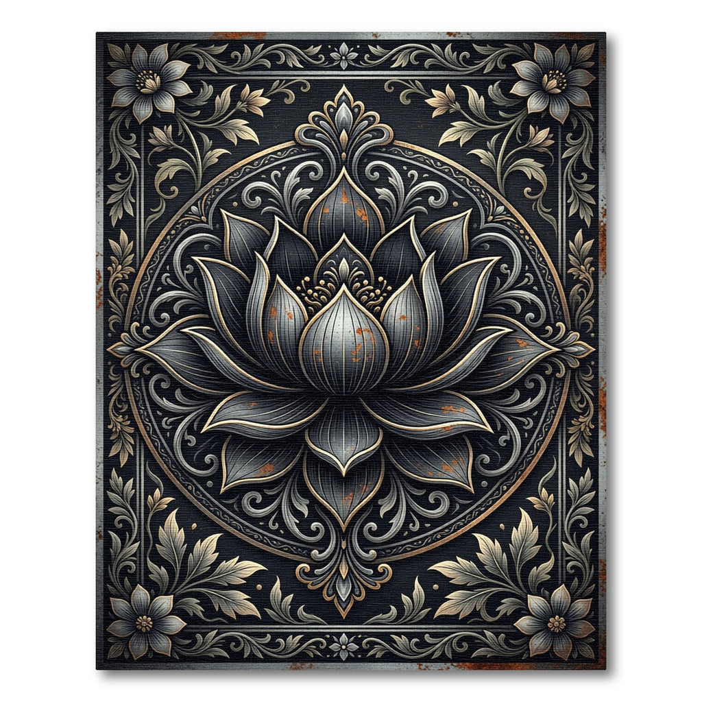 Ornate Metallic Charcoal Lotus Medallion Rug