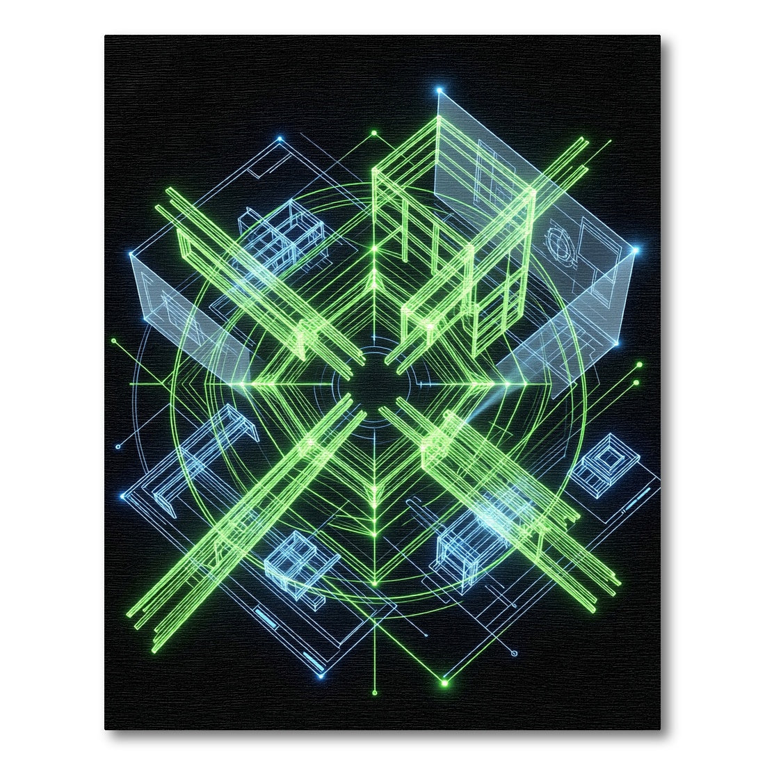 Cyber Neon Geometric Blueprint Grid Rug