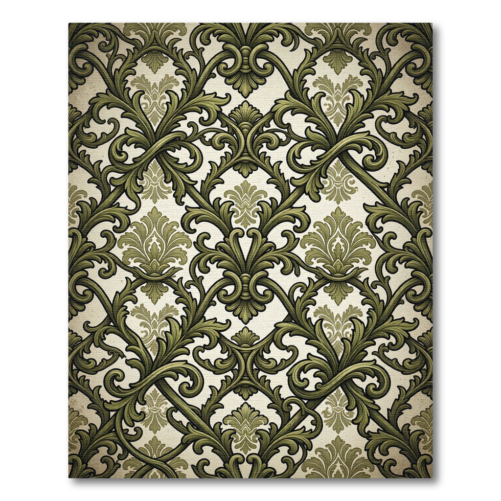 Olive Green Ornate Damask Scroll Rug