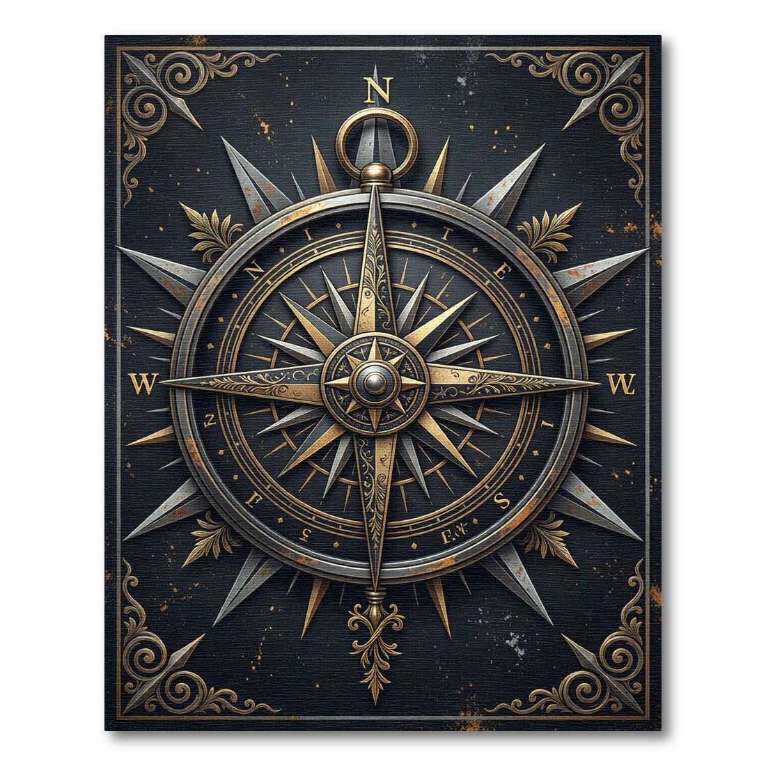 Antique Gold Nautical Compass Emblem Rug
