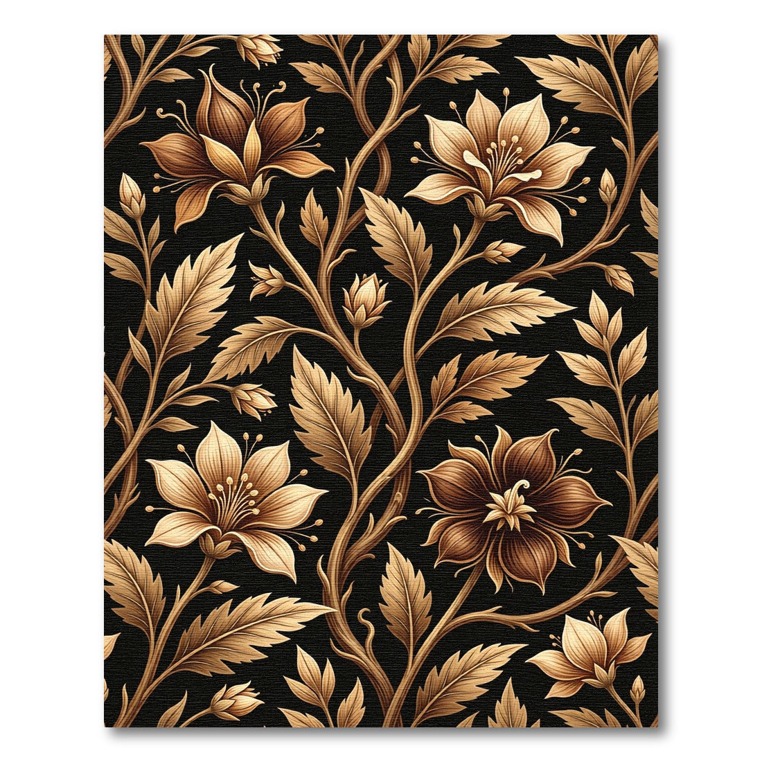 Golden FloralVine Black Background Rug