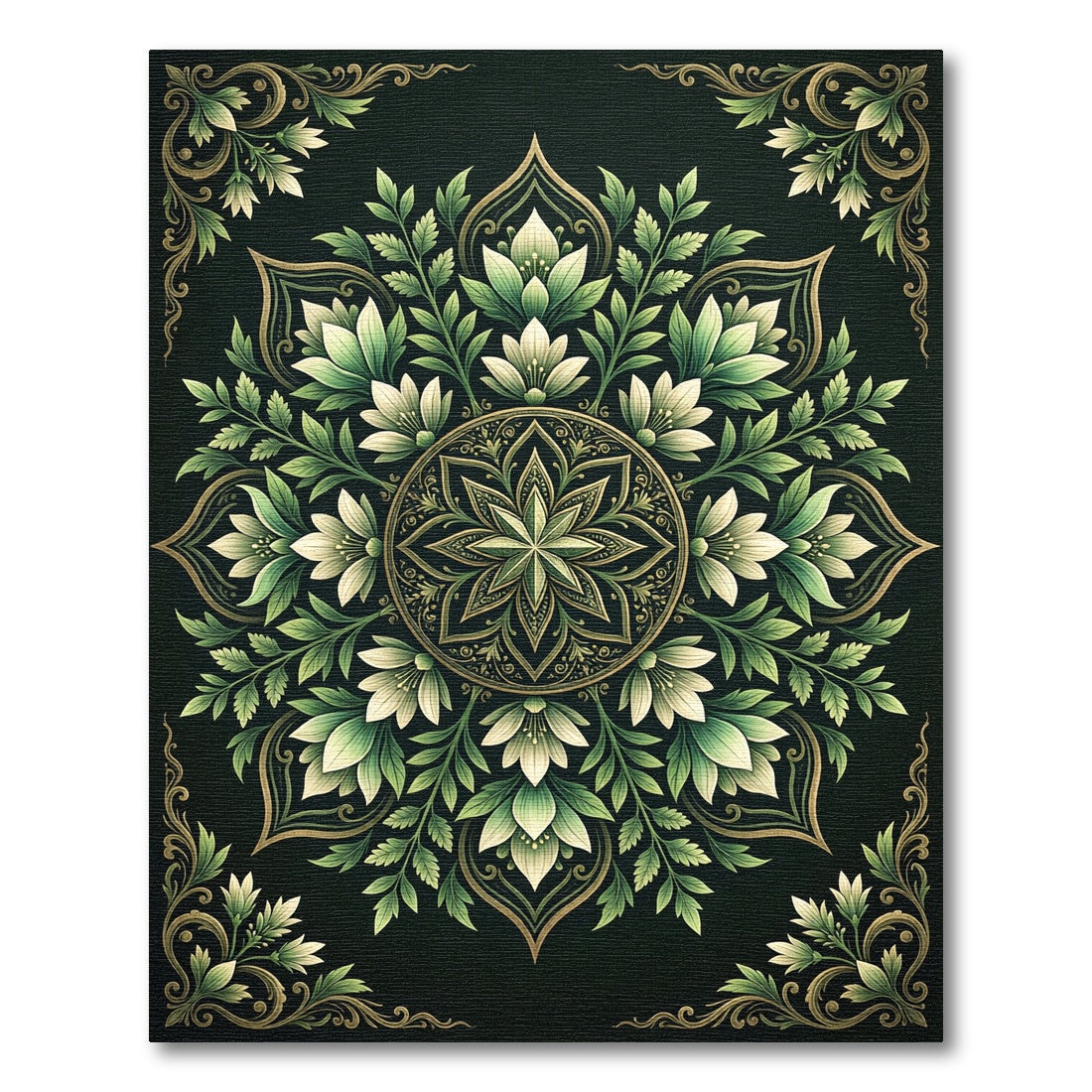 Elegant Emerald Botanical Floral Medallion Rug