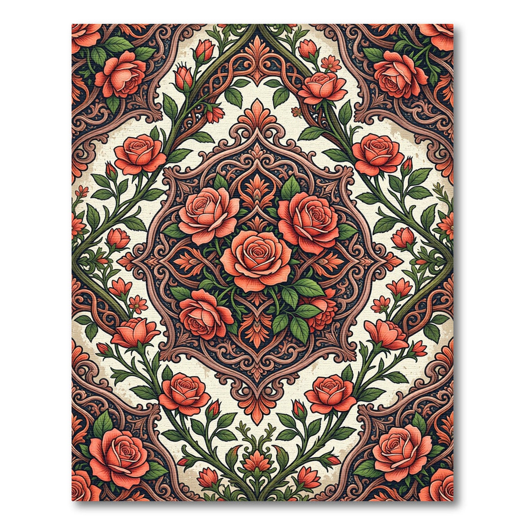 Ornate Damask Coral Rose Medallion Rug