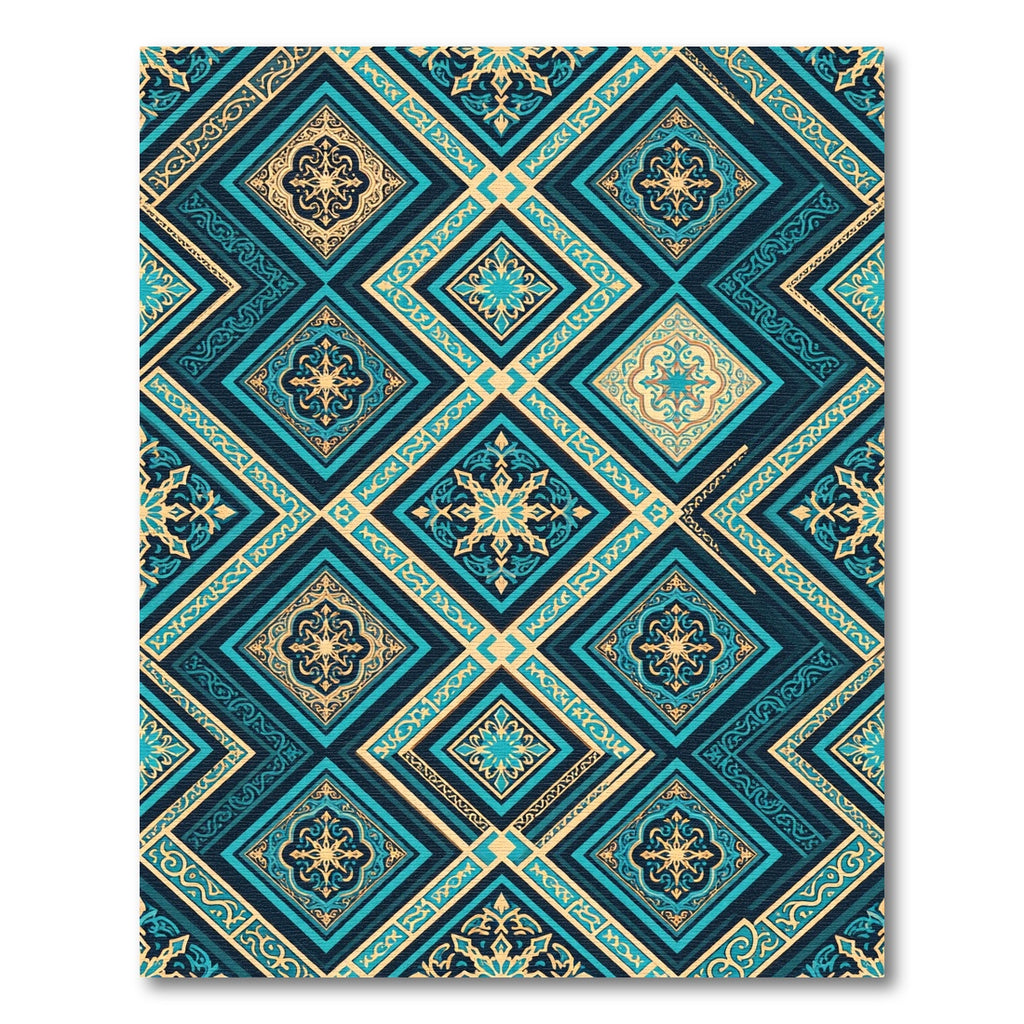 Teal Gold Ornate Geometric Diamond Rug