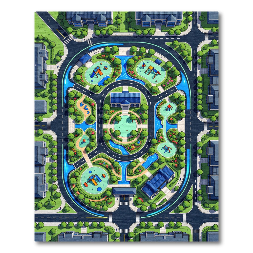 Playful Blue Neighborhood Village Map Rug