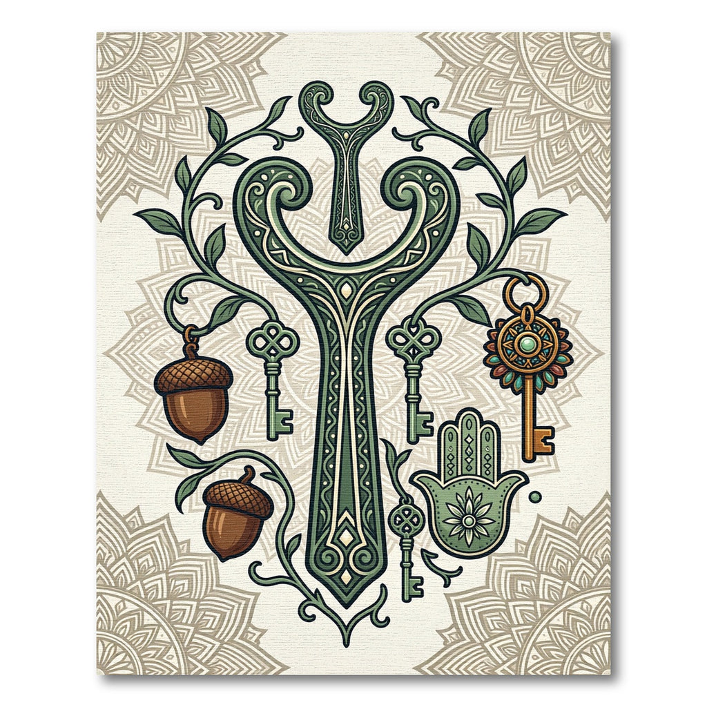Earthy Green Mystical Key Acorn Mandala Rug