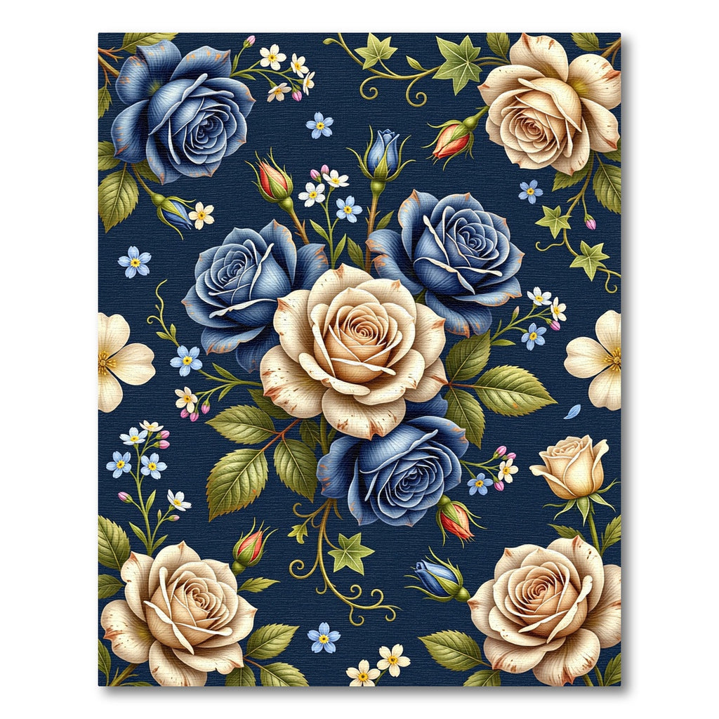 Elegant Navy Cream Rose Floral Bouquet Rug