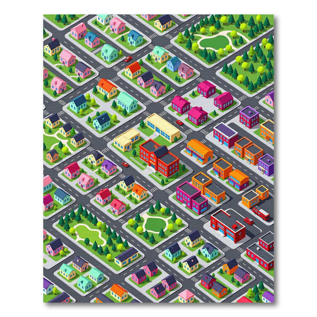 Isometric Colorful Village Street Map Grid Rug