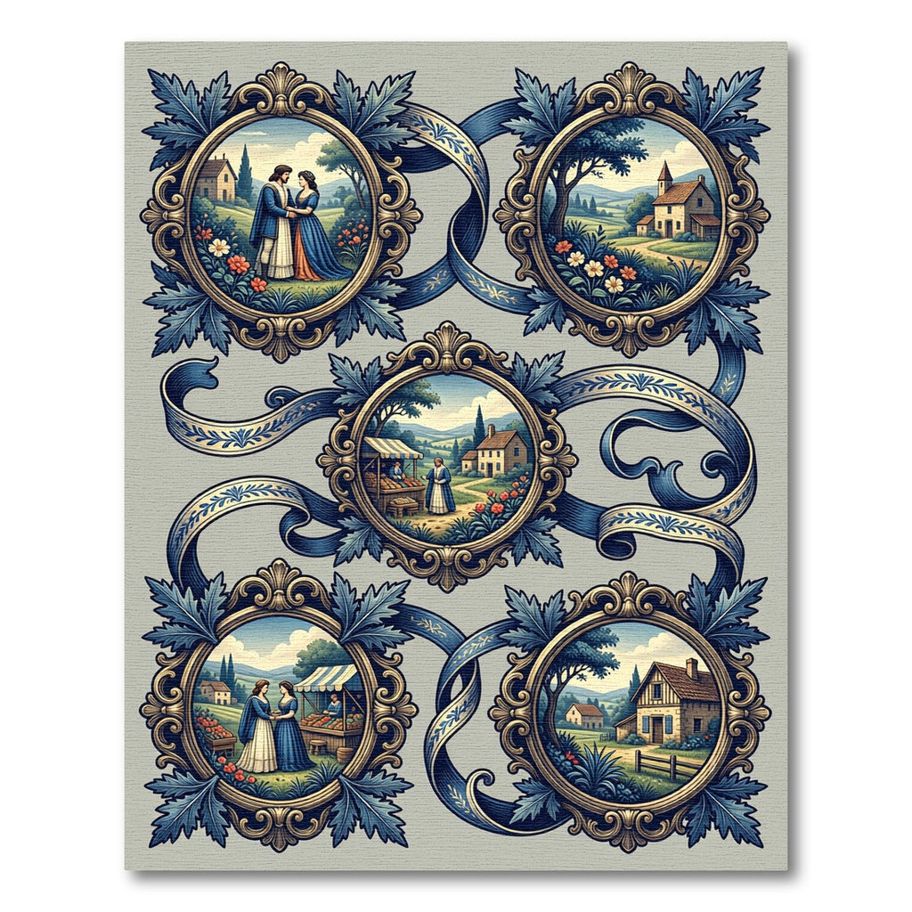 Ornate Blue Ribbon Village Scene Rug