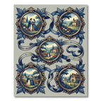 Ornate Blue Ribbon Village Scene Rug