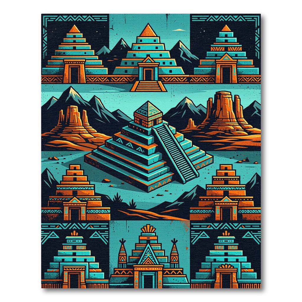 Turquoise Orange Ancient Pyramid Collage Rug