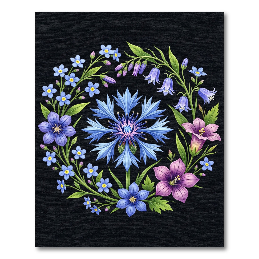 Vibrant Blue Cornflower Floral Wreath Rug