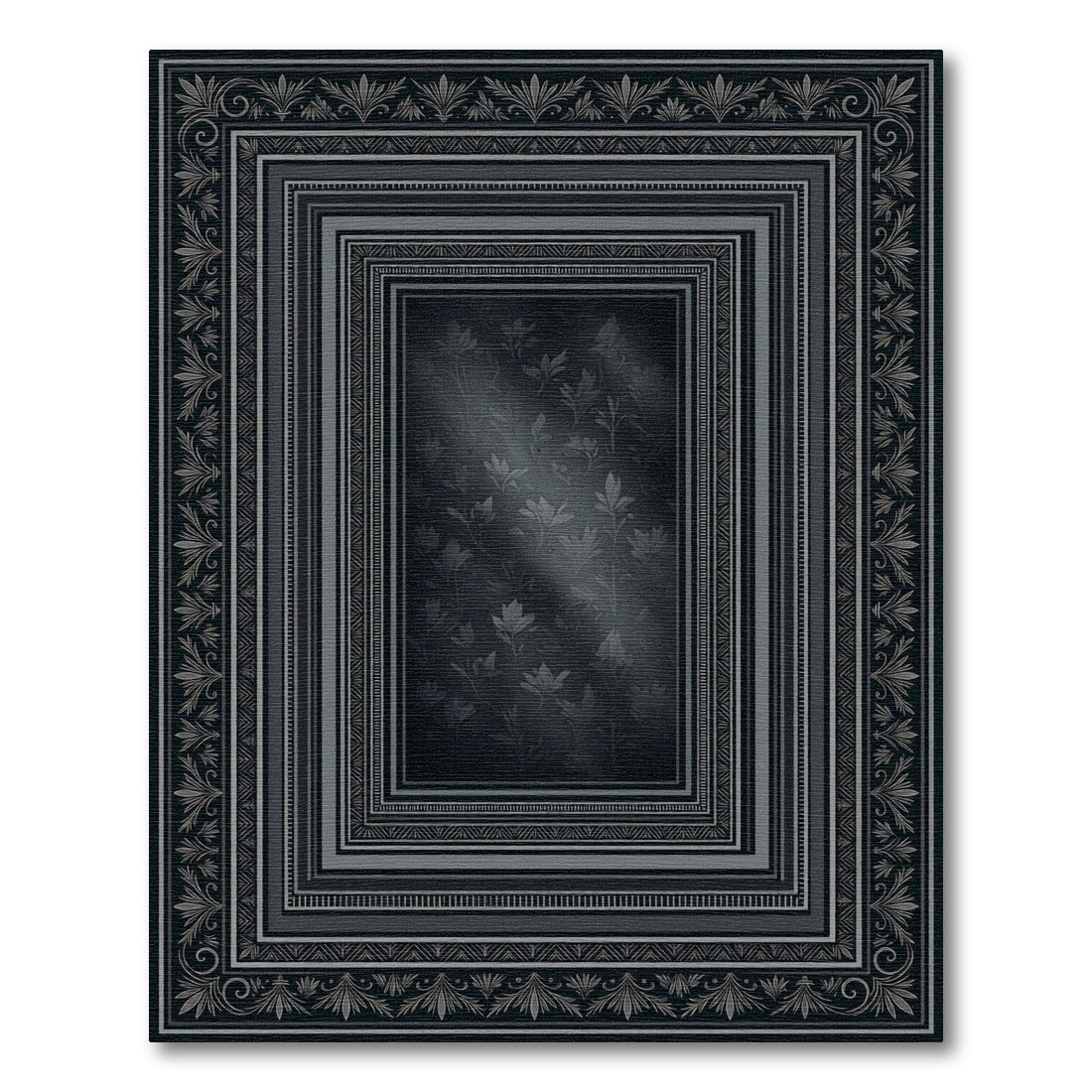 Dark Gray Floral Bordered Rectangles Rug