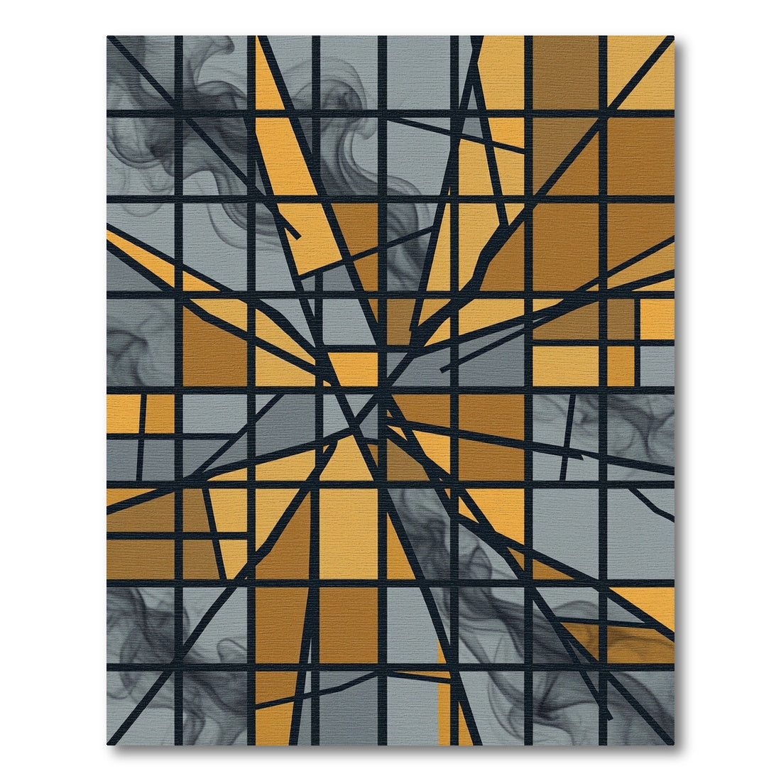 Abstract Geometric Gold and Slate Grid Rug