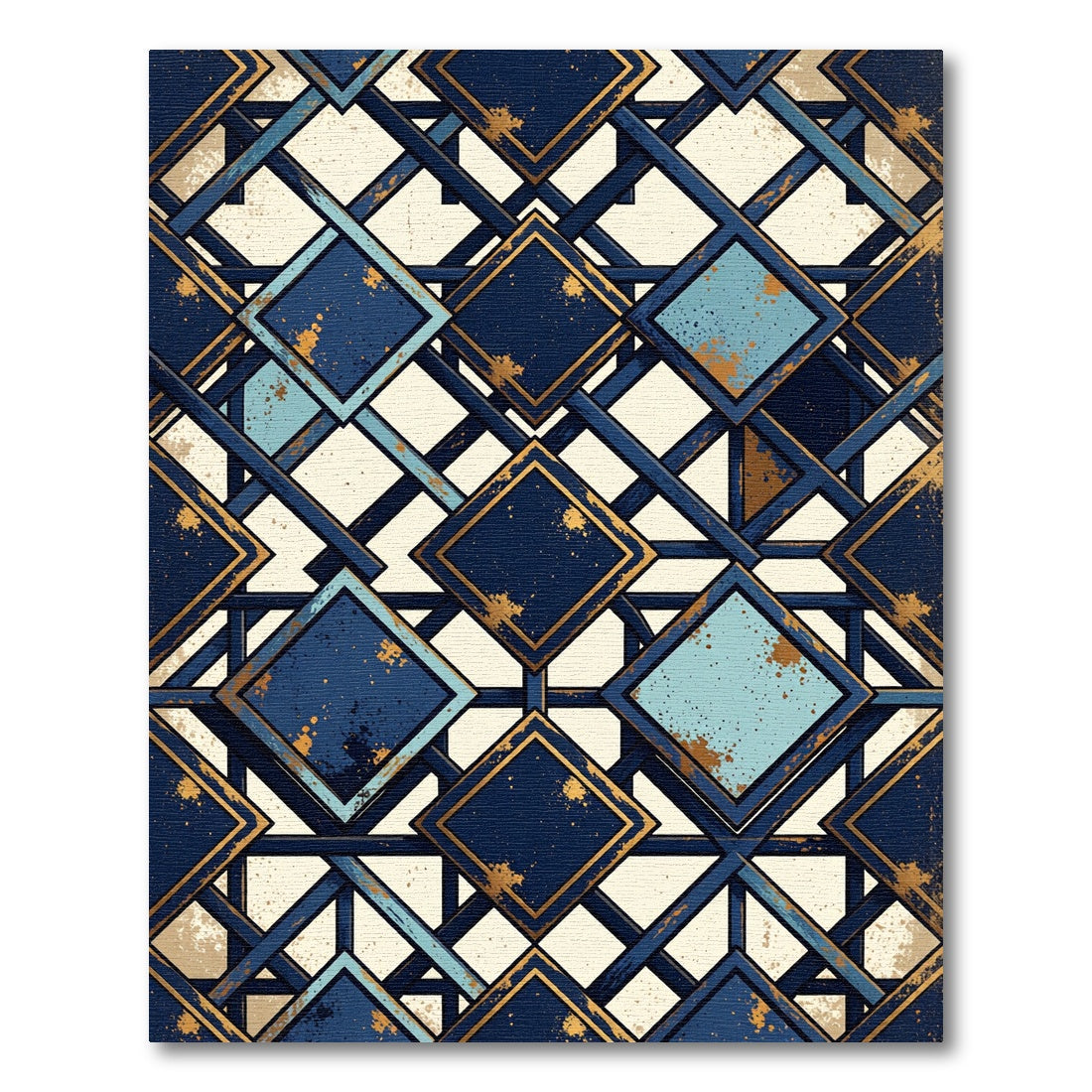Geometric Art Deco Navy Gold Tile Rug