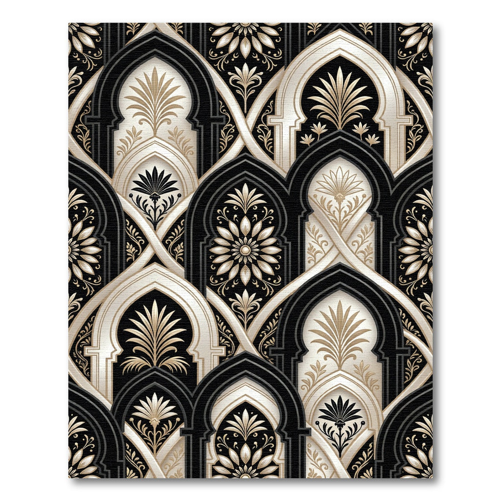 Elegant Black And Cream Arched Floral Rug