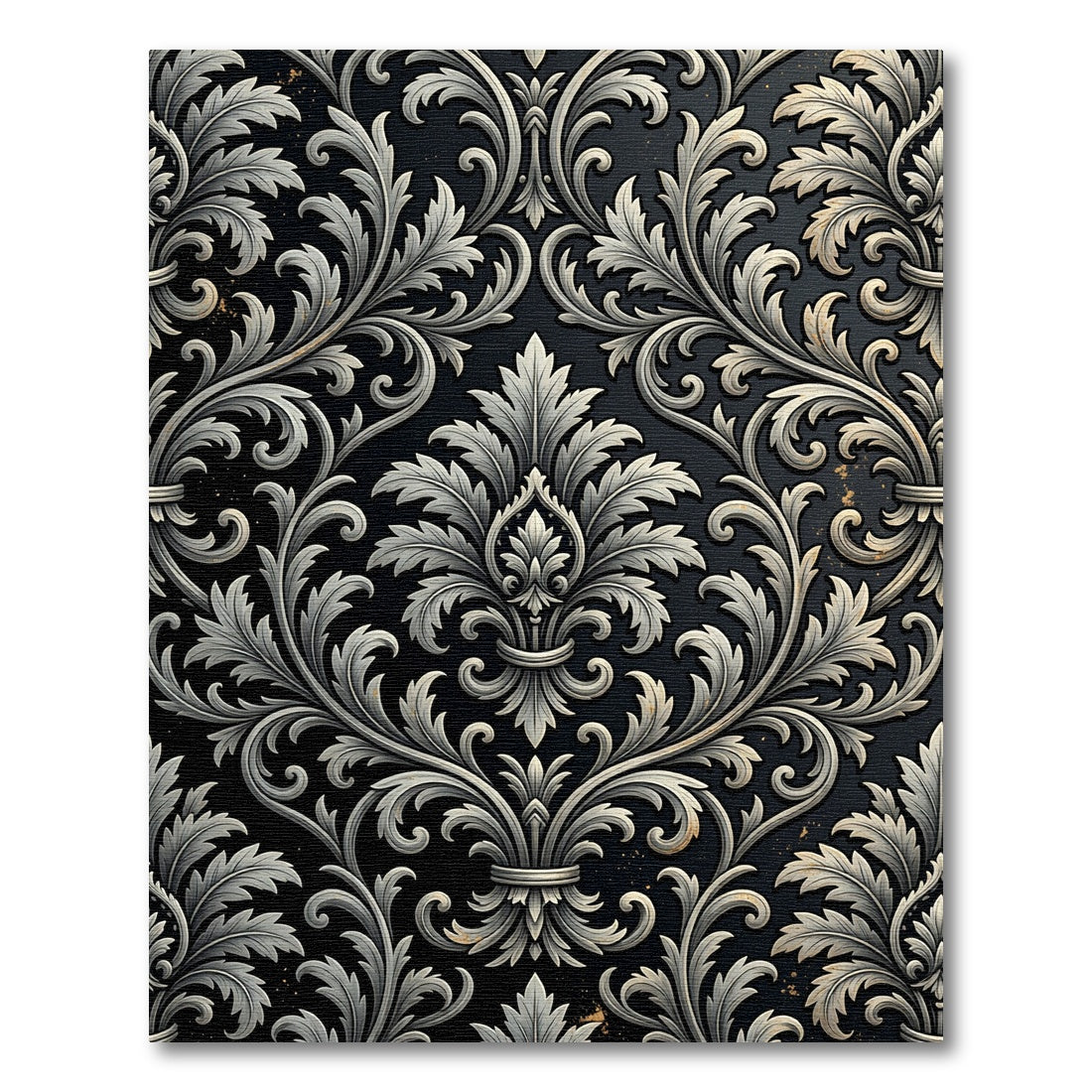 Ornate Charcoal Silver Damask Scroll Rug