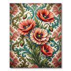 Elegant Poppy Flower Scroll Damask Art Rug