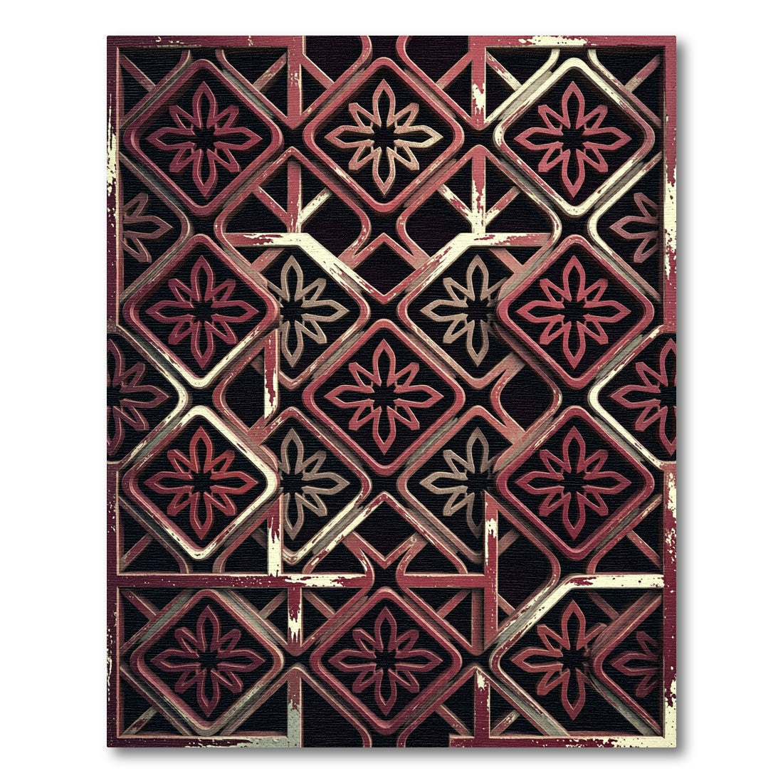 Earthy Red Geometric Lattice Floral Rug