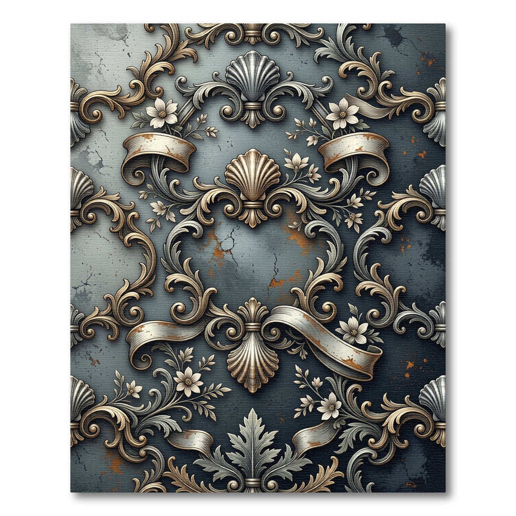 Ornate Scrollwork Floral Shell Arrangement Rug