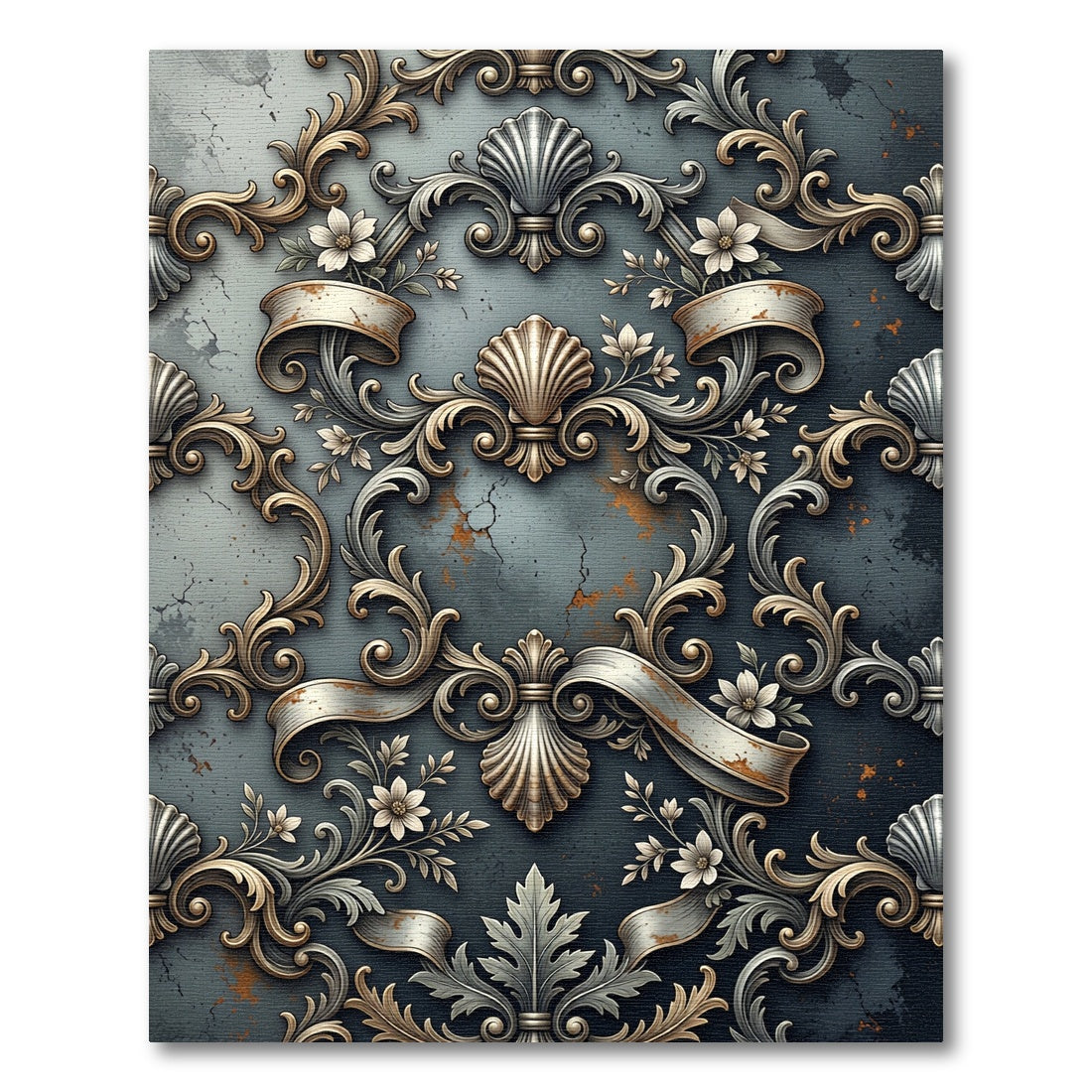 Ornate Scrollwork Floral Shell Arrangement Rug