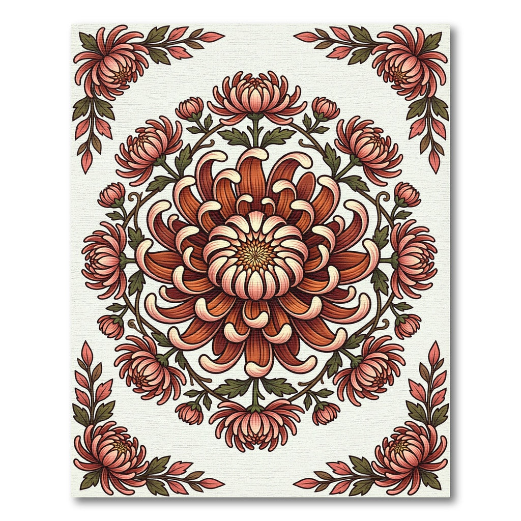 Coral Chrysanthemum Floral Mandala Arrangement Rug