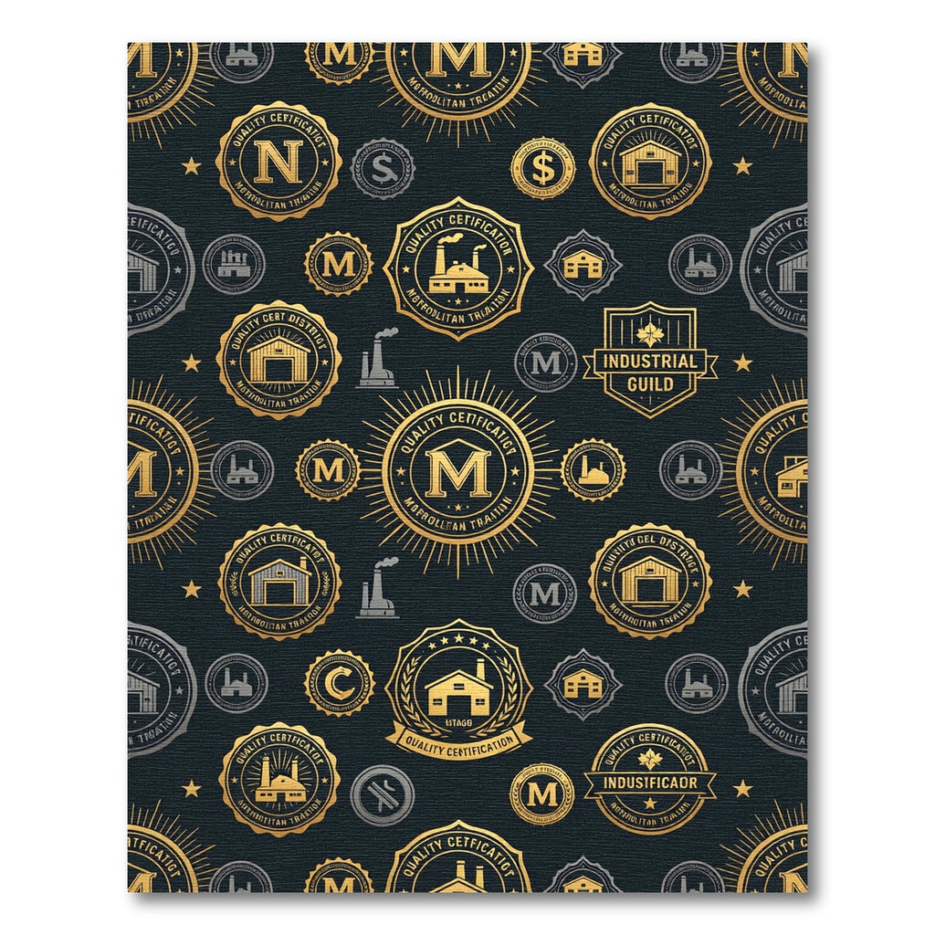 Golden Industrial Emblem Navy Geometric Rug