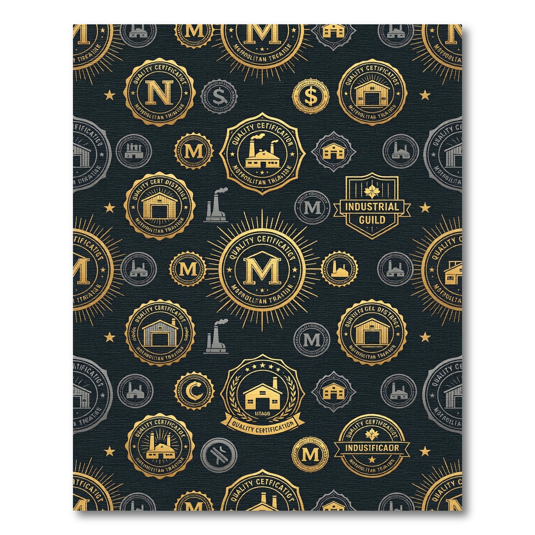 Golden Industrial Emblem Navy Geometric Rug
