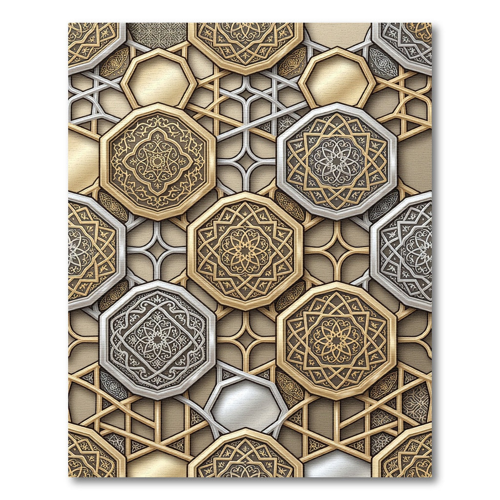 Ornate Gold Silver Geometric Octagon Rug