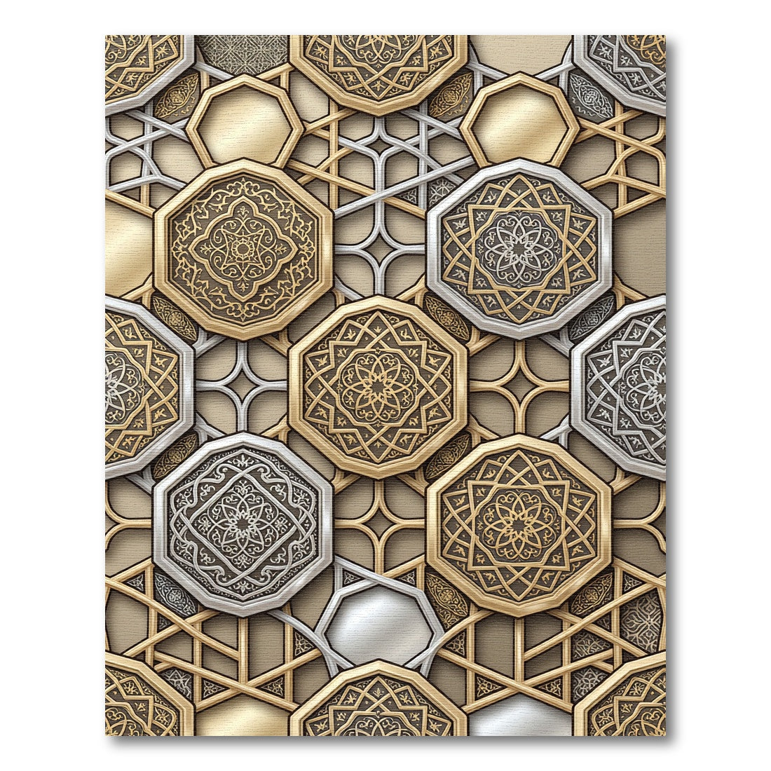 Ornate Gold Silver Geometric Octagon Rug