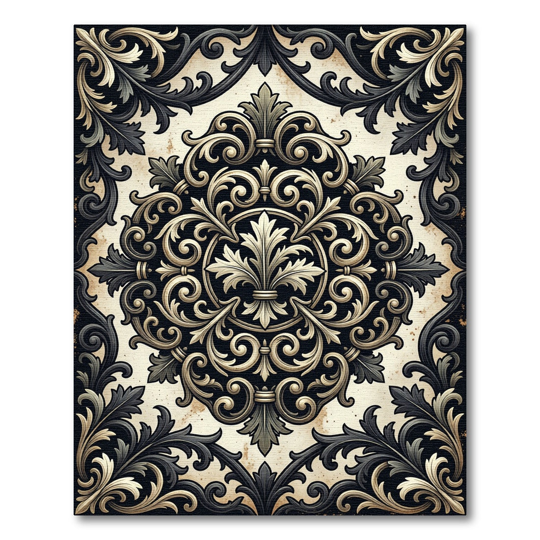 Elegant Black Gold Damask Medallion Rug
