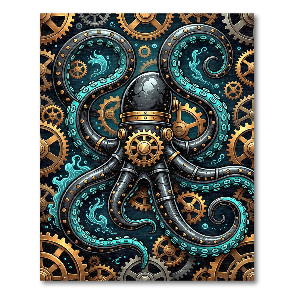 Steampunk Mechanical Octopus Teal Gear Art Rug