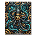 Steampunk Mechanical Octopus Teal Gear Art Rug