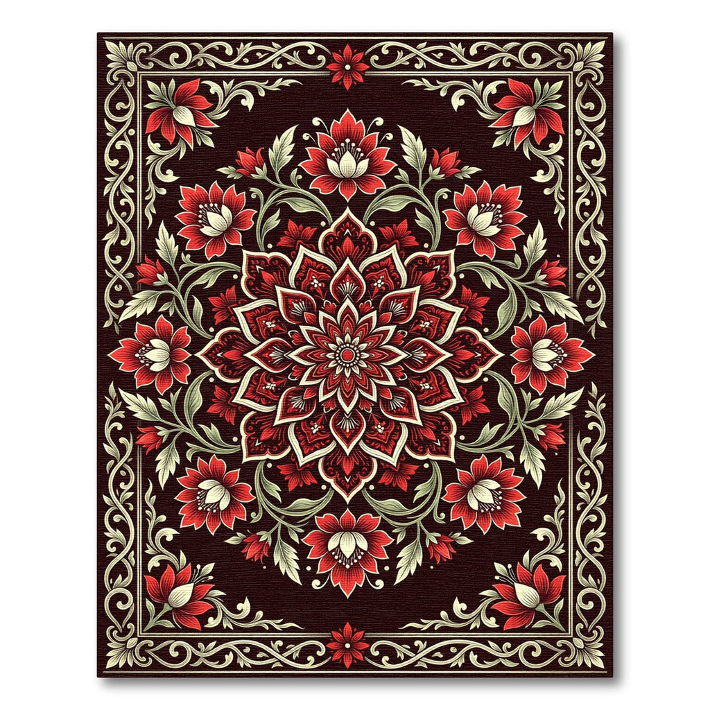 Crimson Floral Mandala Dark Botanical Rug