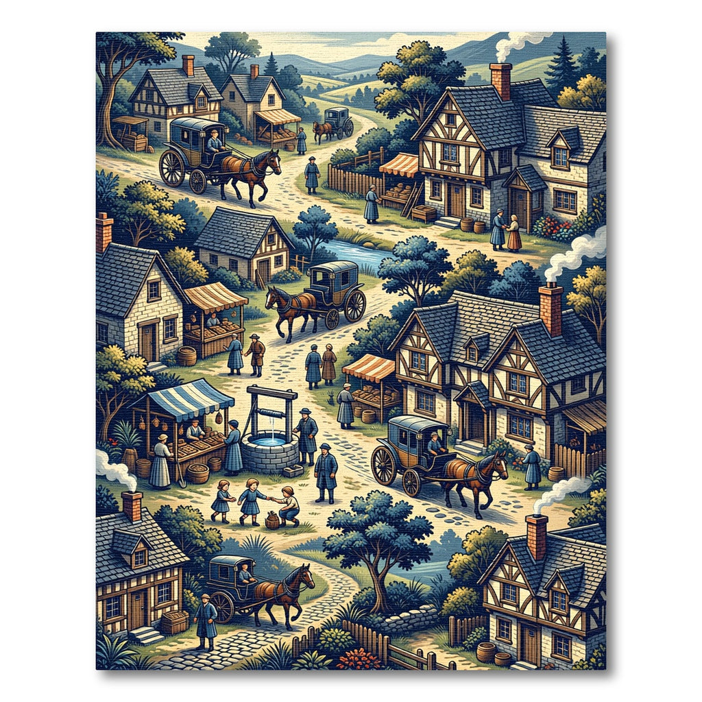 Whimsical Village Life Scenic Illustration Rug
